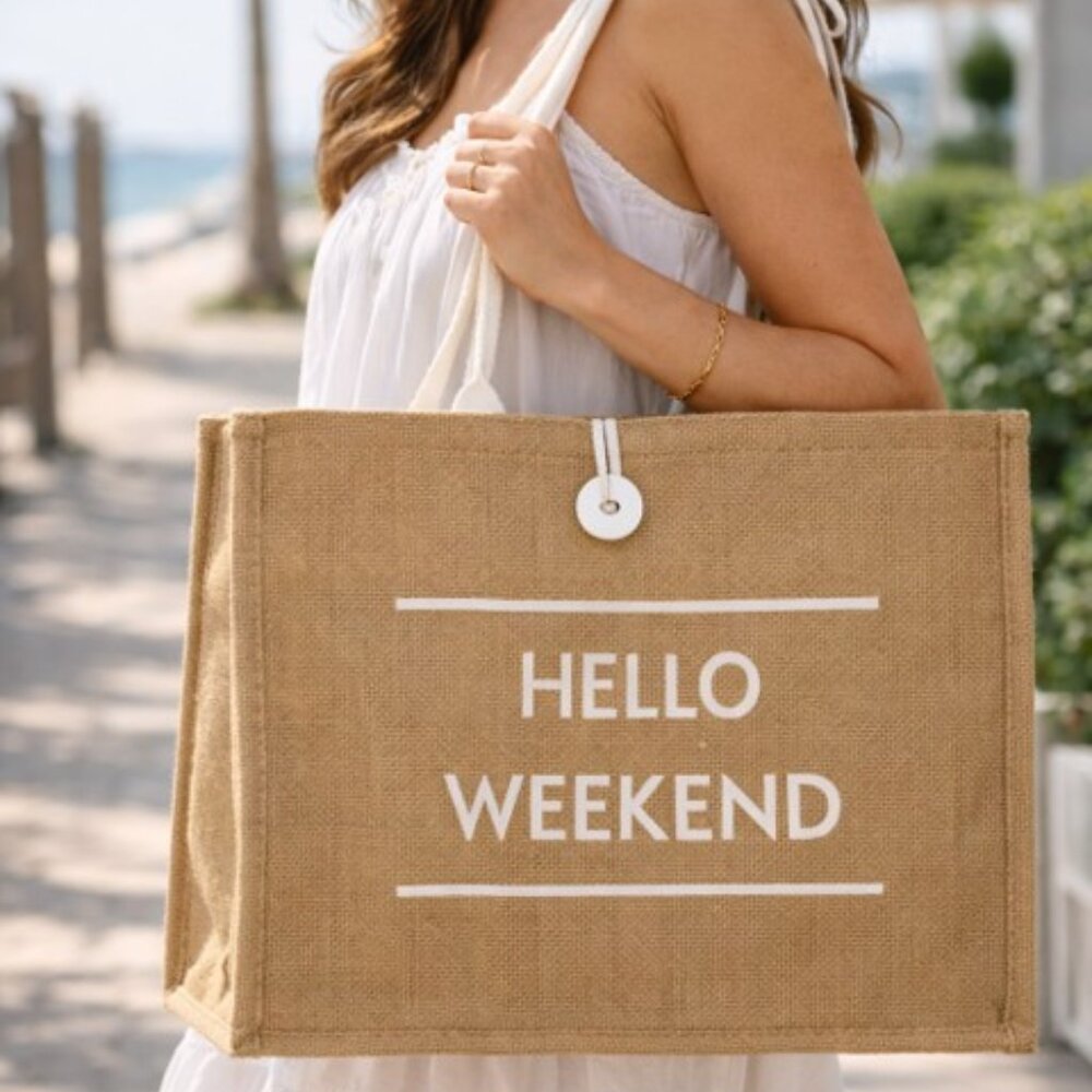 CLEARANCE Hello Weekend Jute Tote Bag – Burlap Shoulder Bag with White Handle